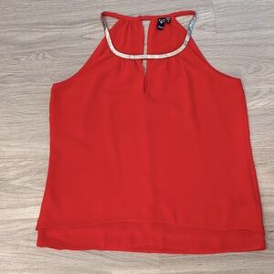 Windsor red blouse with gold around the collar. Size:S. Gently Used.